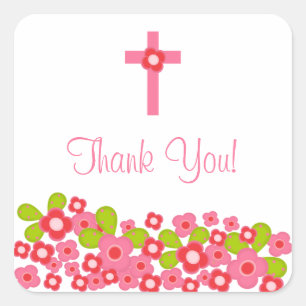 Sweet Cross Pink Floral Baptism Favour Seal