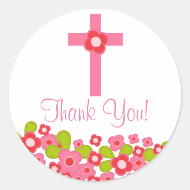 Sweet Cross Pink Floral First Holy Communion Classic Round Sticker (Front)