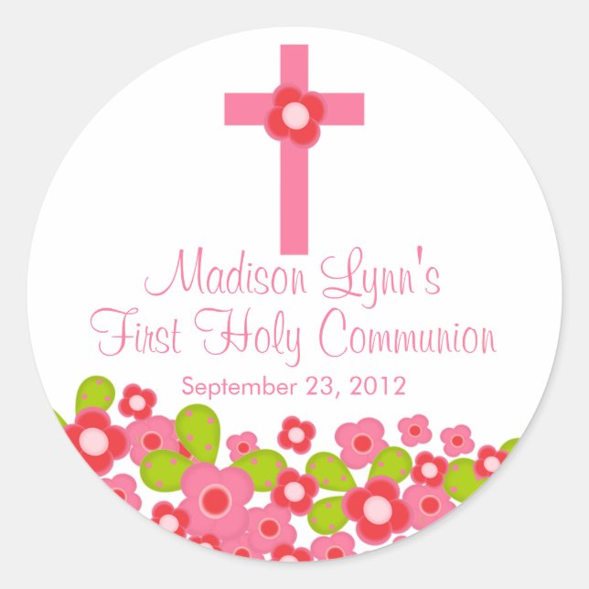 Sweet Cross Pink Floral First Holy Communion Classic Round Sticker (Front)