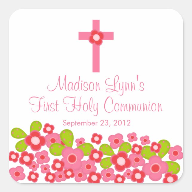 Sweet Cross Pink Floral First Holy Communion Square Sticker (Front)