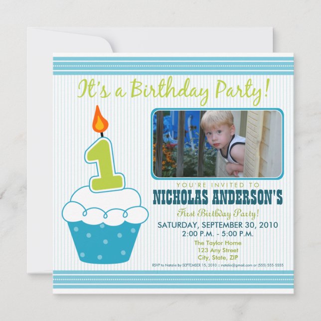 Sweet Cupcake 1st Birthday Party Invitation Aqua (Front)