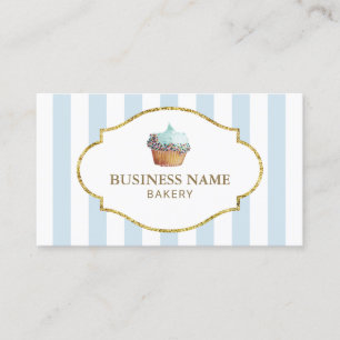 Sweet Cupcake Bakery Pastry Chef Mint Blue Stripes Business Card