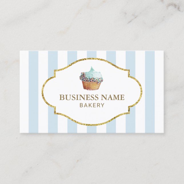 Sweet Cupcake Bakery Pastry Chef Mint Blue Stripes Business Card (Front)