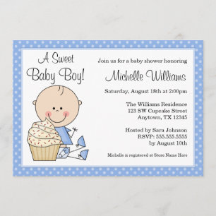 Sweet Cupcake Blue Polka Dot Boy Baby Shower Invitation