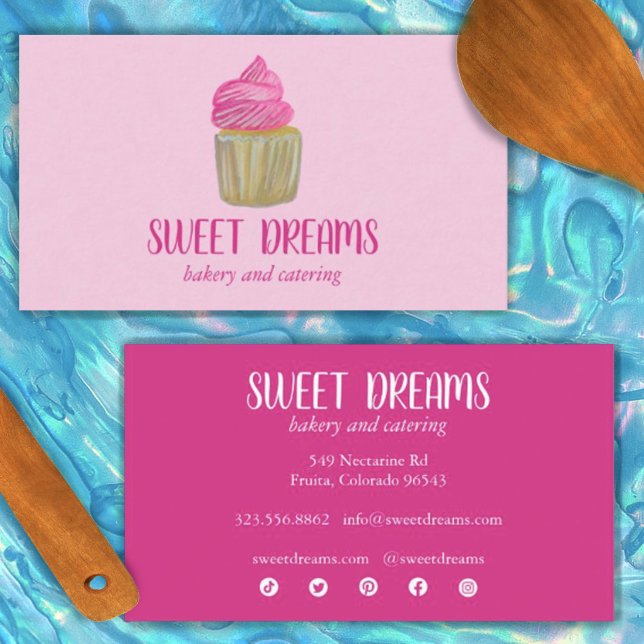 Sweet Cupcake Catering Bakery Charming Pink Social Business Card (Creator Uploaded)