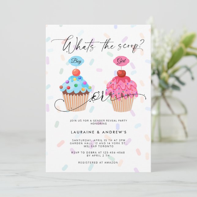 Sweet Cupcake Gender Reveal Party Invitation (Standing Front)