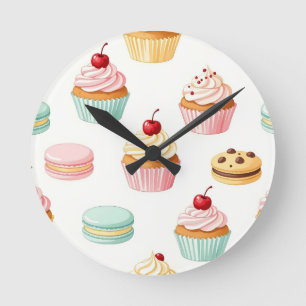 Sweet Cupcake Macaron Pattern Round Clock