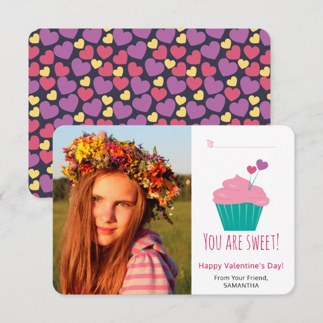 Sweet Cupcake Photo Classroom Valentine's Day Card (Front/Back)