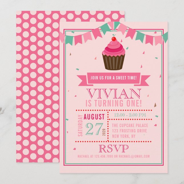 Sweet Cupcake Pink Birthday Party Invitation (Front/Back)