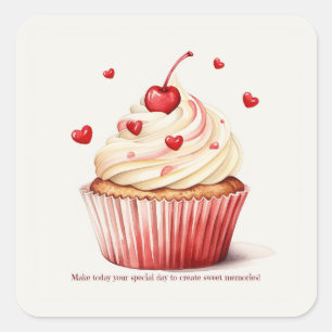 Sweet Cupcake Red Hearts Valentine's Day Card Square Sticker