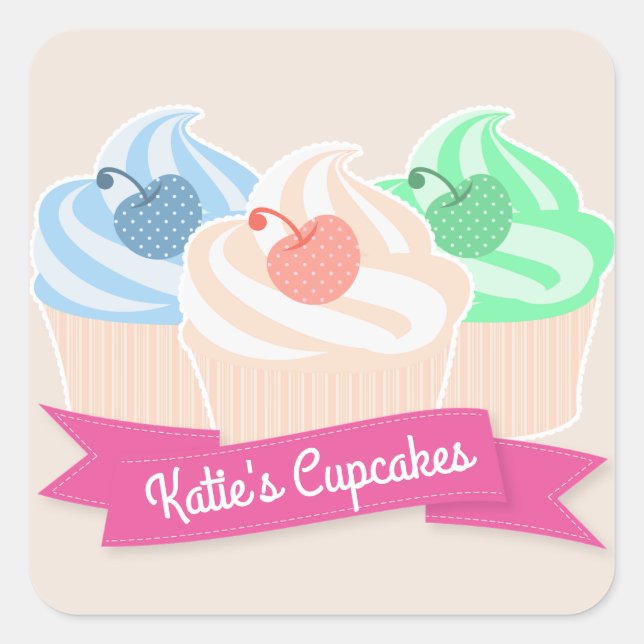 Sweet Cupcake Trio Personalised Pink Square Sticker (Front)