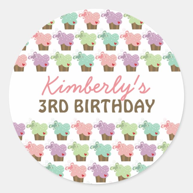 Sweet Cupcakes Butterflies Whimsical Girl Birthday Classic Round Sticker (Front)