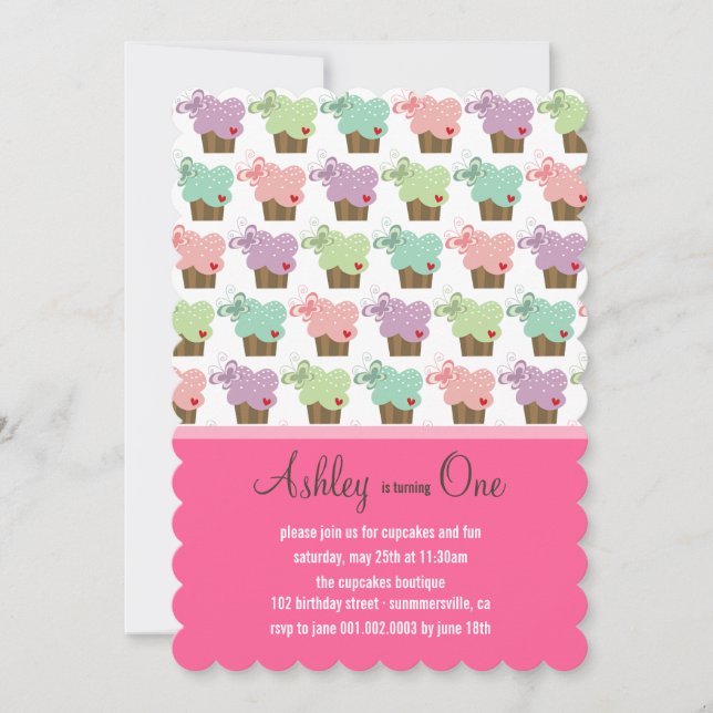 Sweet Cupcakes Butterflies Whimsical Girl Birthday Invitation (Front)
