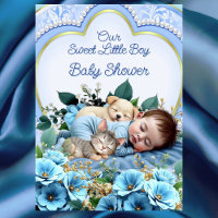Sweet Cute Blue Boy Baby Shower Puppy Kitten