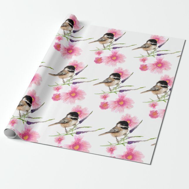 Sweet Cute Chickadee Black Capped Watercolor Art Wrapping Paper (Unrolled)