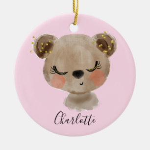 Sweet Cute Girly Pastel Blush Pink Baby Brown Bear Ceramic Tree Decoration