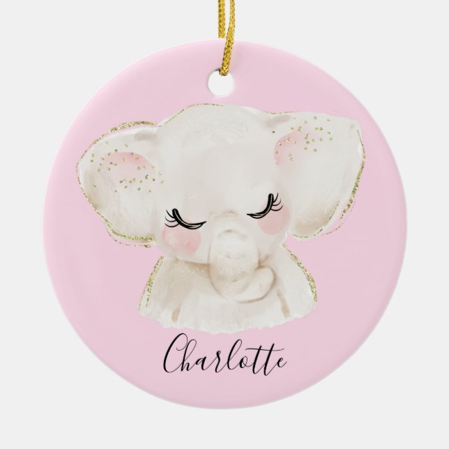 Sweet Cute & Girly Pastel Blush Pink Baby Elephant Ceramic Tree Decoration (Front)