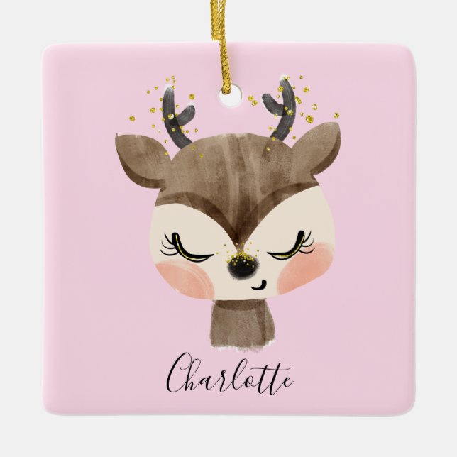 Sweet Cute & Girly Pastel Blush Pink Baby Reindeer Ceramic Ornament (Front)