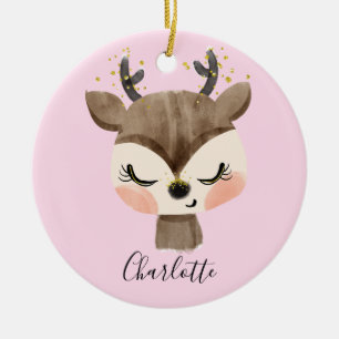 Sweet Cute & Girly Pastel Blush Pink Baby Reindeer Ceramic Tree Decoration