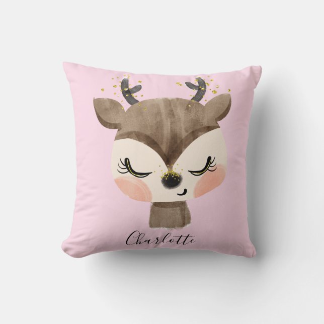 Sweet Cute & Girly Pastel Blush Pink Baby Reindeer Cushion (Front)