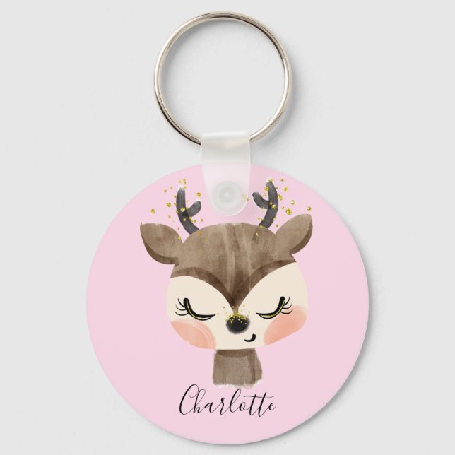 Sweet Cute & Girly Pastel Blush Pink Baby Reindeer Key Ring (Front)