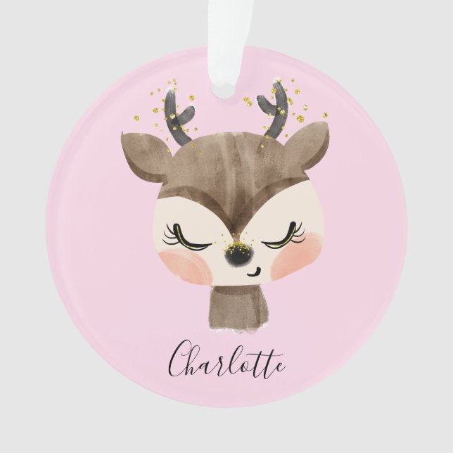 Sweet Cute & Girly Pastel Blush Pink Baby Reindeer Ornament (Front)