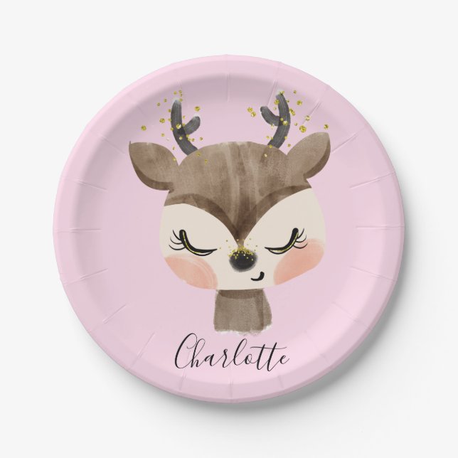 Sweet Cute & Girly Pastel Blush Pink Baby Reindeer Paper Plate (Front)