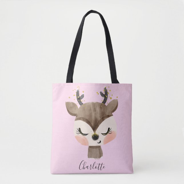 Sweet Cute & Girly Pastel Blush Pink Baby Reindeer Tote Bag (Front)