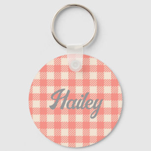 Sweet cute peach pink gingham checked plaid key ring