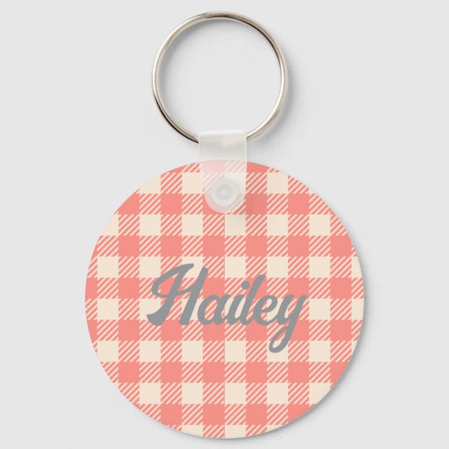 Sweet cute peach pink gingham checked plaid key ring (Front)