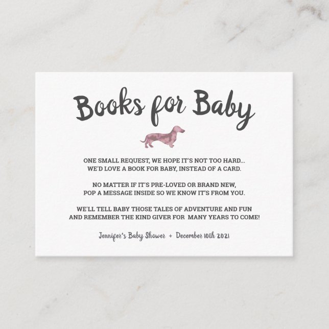 Sweet Dachshund Dog Art Bring A Book Baby Shower Enclosure Card (Front)