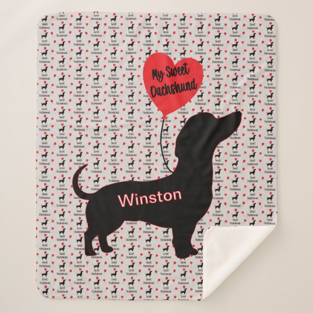 Sweet Dachshund: Heart Balloon Sherpa Blanket (Front)