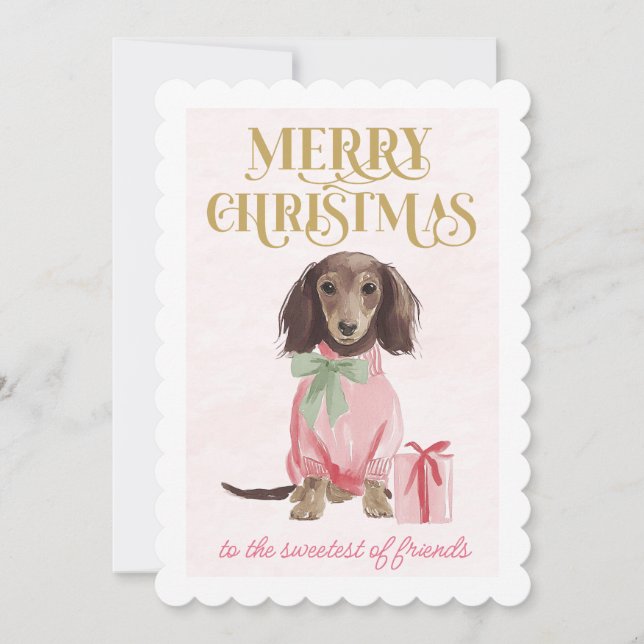 Sweet Dachshund Pink Christmas  Flat Holiday Card (Front)