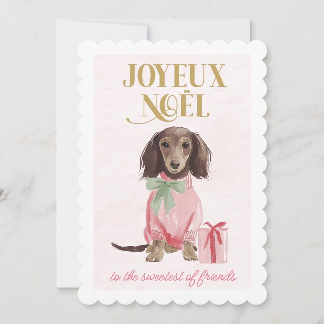 Sweet Dachshund Pink Joyeux Noël Holiday Card (Front)