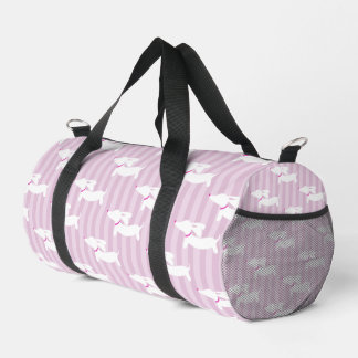 Sweet Dachshunds on Modern Pink Stripes Overnight Duffle Bag
