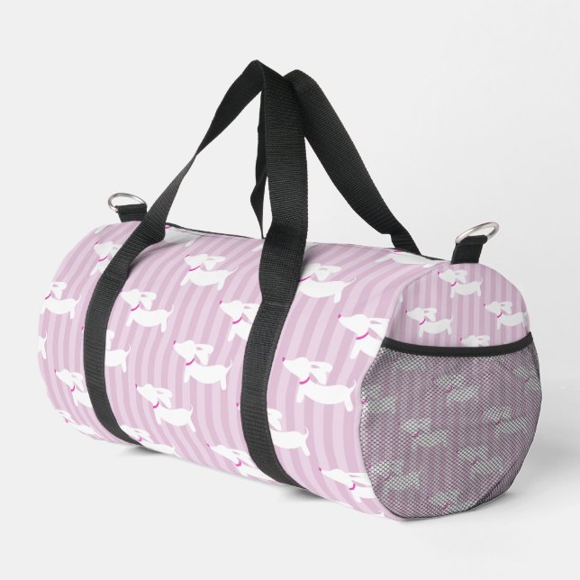 Sweet Dachshunds on Modern Pink Stripes Overnight  Duffle Bag (Right Corner)