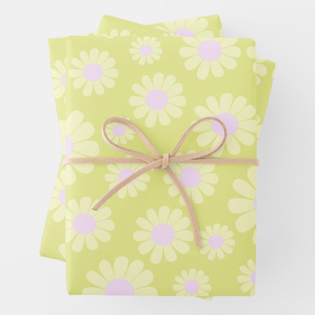 Sweet Daisy Baby Pastel Green Yellow Pink Wrapping Paper Sheet (In situ)