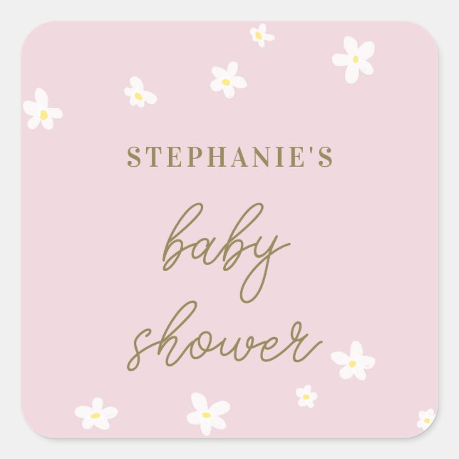 Sweet Daisy Pink Gold Calligraphy Baby Girl Shower Square Sticker (Front)