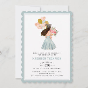 Sweet Dark Brown Hair Girl Watercolor Graduation  Invitation