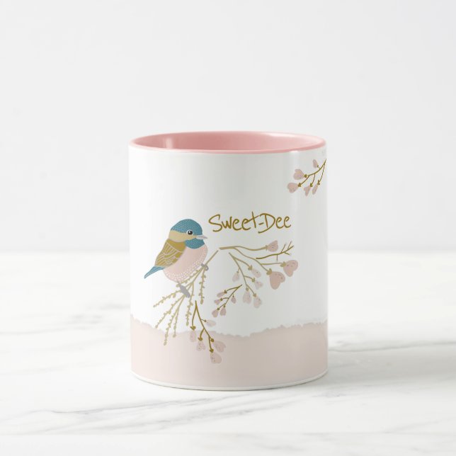 Sweet-Dee Chickadee Floral Pattern Pink Gold Mug (Center)