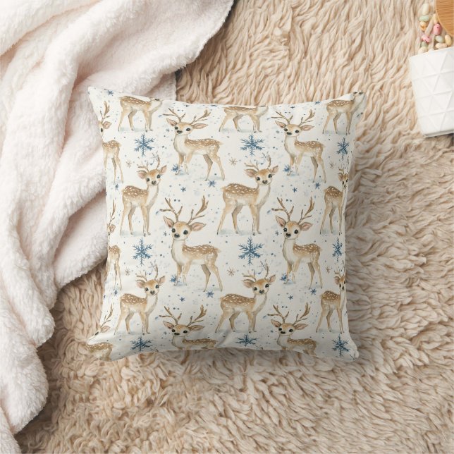Sweet Deer Blue Christmas Snowflakes Cushion (Blanket)