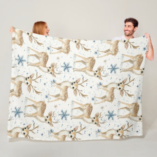 Sweet Deer Blue Christmas Snowflakes Fleece Blanket