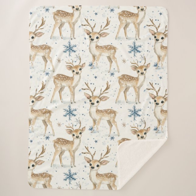 Sweet Deer Blue Christmas Snowflakes Sherpa Blanket (Front)