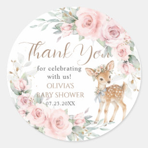 Sweet Deer Blush Pink Floral Baby Shower Favour Classic Round Sticker