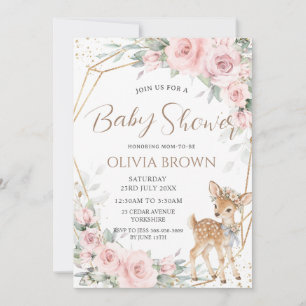 Sweet Deer Blush Pink Floral Girl Baby Shower  Invitation