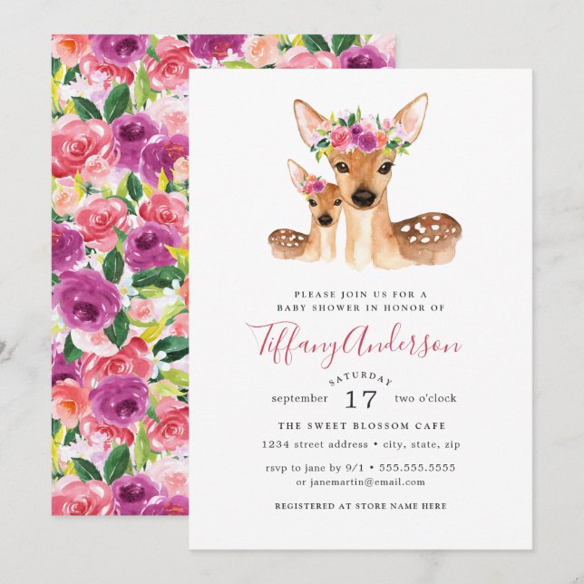 Sweet Deer Mum And Baby Floral Baby Shower Invitation (Front/Back)