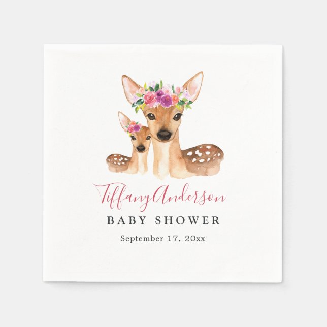 Sweet Deer Mum And Baby Floral Baby Shower Napkin (Front)