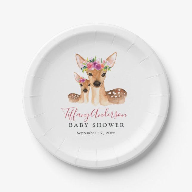 Sweet Deer Mum And Baby Floral Baby Shower Plate (Front)