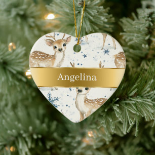 Sweet Deer Snowflakes Gold Ribbon Christmas Ceramic Tree Decoration