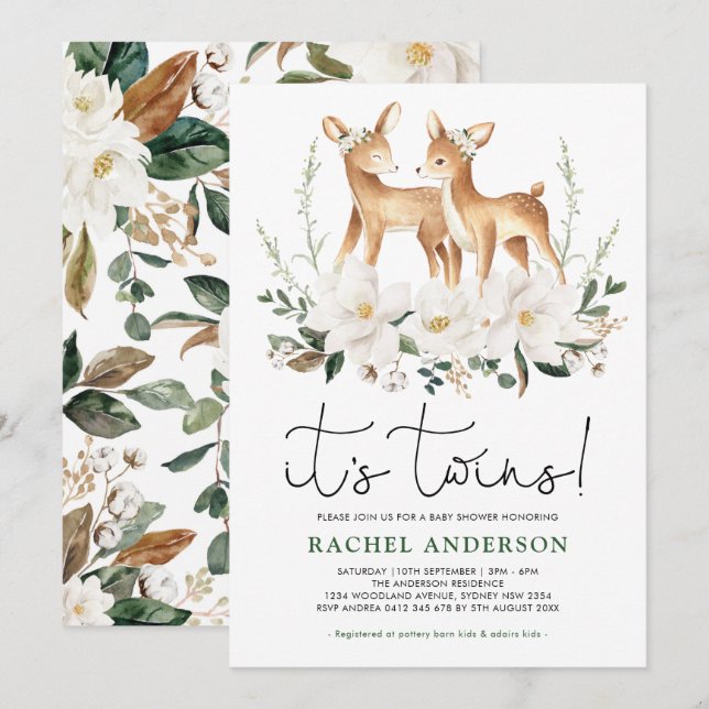 Sweet Deer Twins Baby Shower Ivory Floral Greenery Invitation (Front/Back)